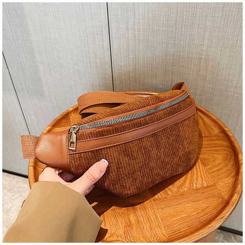 Fashion Corduroy Women Waist Bag Student Ladies Shoulder Crossbody Zipper Chest Bag Phone Banana Female BagsXJ240720