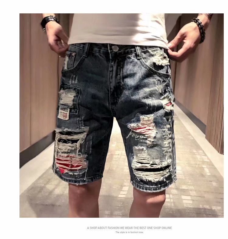 Summer thin denim shorts men's loose cropped pants, casual oversized elastic waist with holes, stretch Korean version for external wear