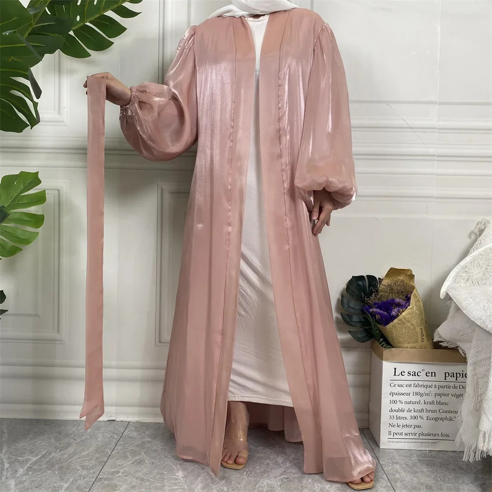 White Satin Abaya Kimono Shiny Silk Stretch Balloon Sleeve Muslim Dress Saudi Open Abayas for Women Dubai Turkey Islam Cardigan 240712