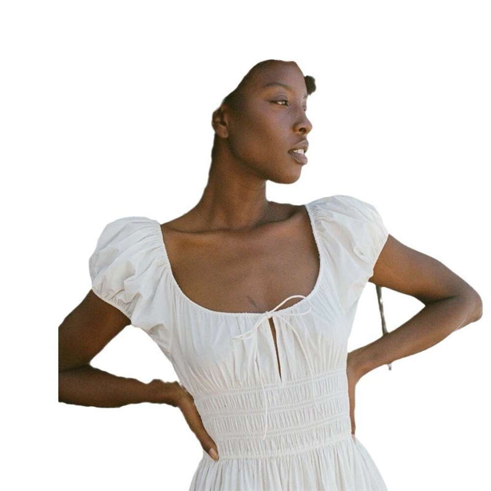 Summer New Style Solid Color Square Neck Pure Cotton Holiday Waist Mid Length Dress French Female Short Waist Self Cultivation Sexy SKINNY DRESS Silk 