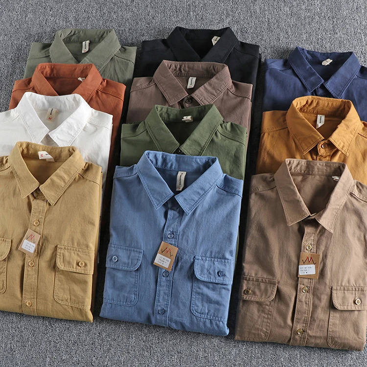 100% Cotton Plain Workwear Shirts for Men Spring Autumn Simple Basic Blank Long Sleeve Blouse Casual Loose Retro Fall Daily Tops 240715