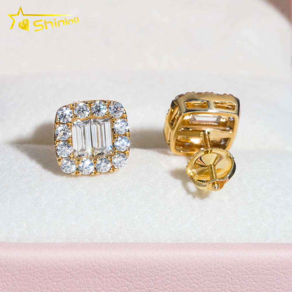 Trendy Vvs Moissanite Diamond Unisex Solid 10K Gold Baguette Cut Eat Studs Fine Jewelry Earrings