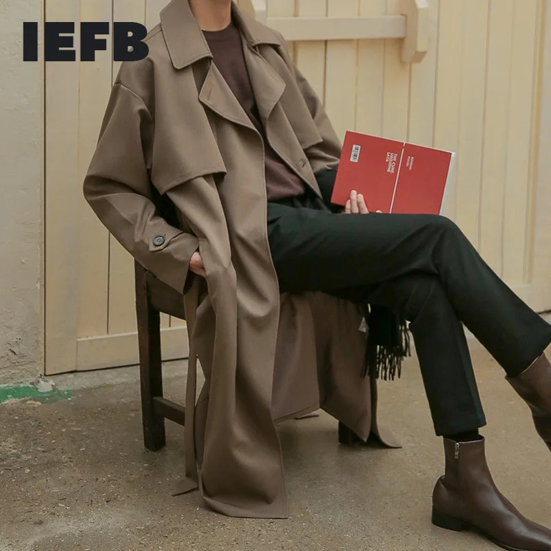 IEFB Autumn Korean Fashion Double Breasted Windbreaker Mens Middle Long Loose Handsome Mens Trench Coat Belt 9Y5262 240719