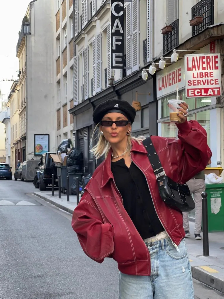 Women Wine Red Patchwork Zipper Leather Rider Coat Casual Long Sleeve Lapel Fly Cropped Jacket Vintage Autumn Fashion Outerwear 240715