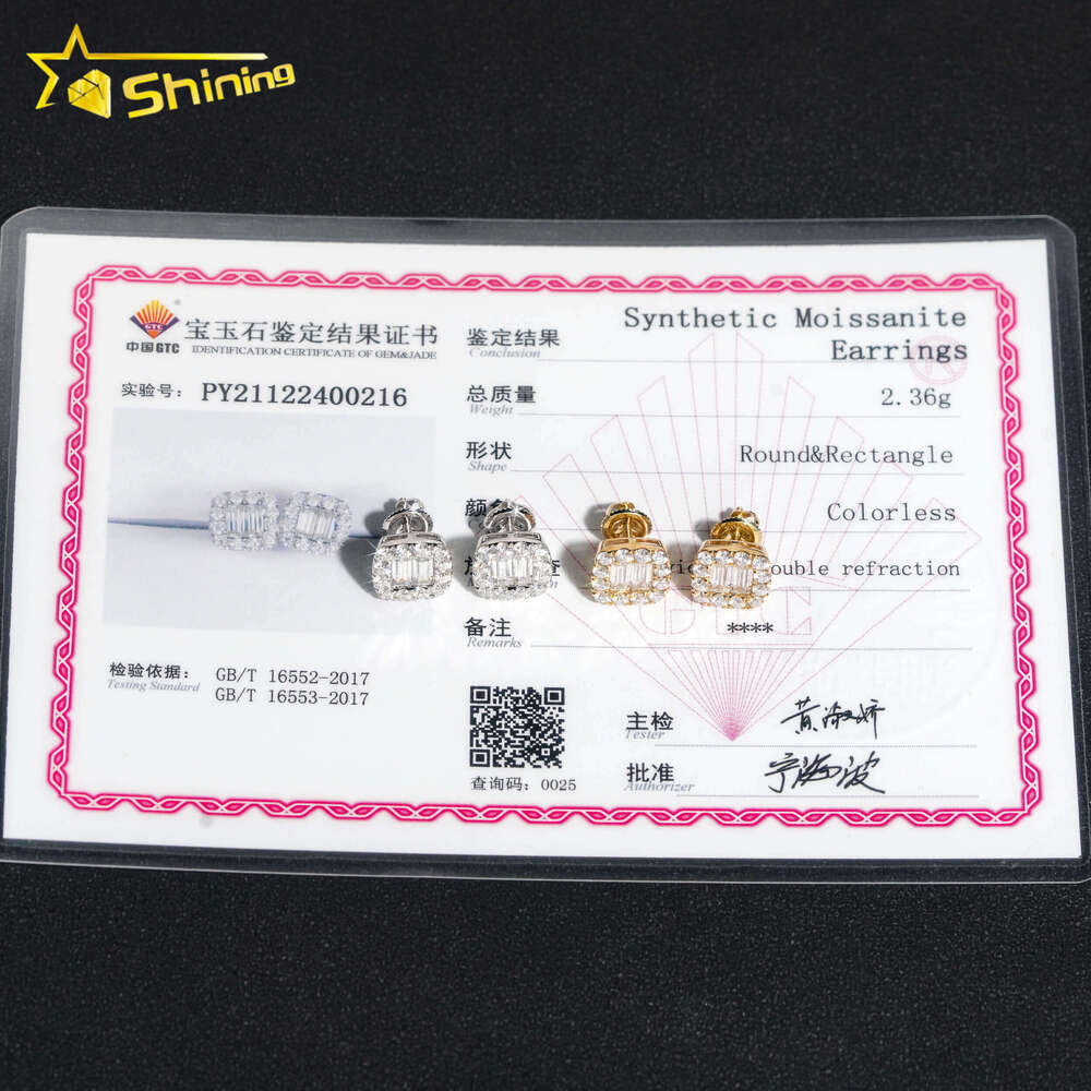 Trendy Vvs Moissanite Diamond Unisex Solid 10K Gold Baguette Cut Eat Studs Fine Jewelry Earrings