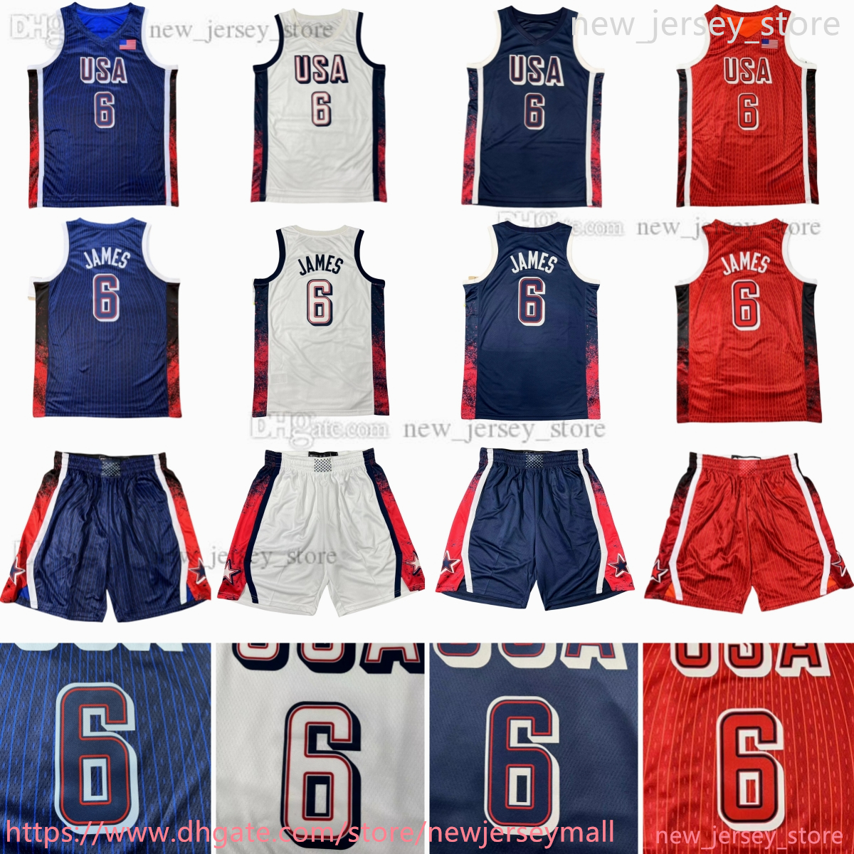 2024 Team USA Printed Basketball Jerseys 6 LeBron James 4 Stephen Curry Jayson Tatum Anthony Edwards Kevin Durant Leonard Davis Ado Embiid Holiday Booker Shorts