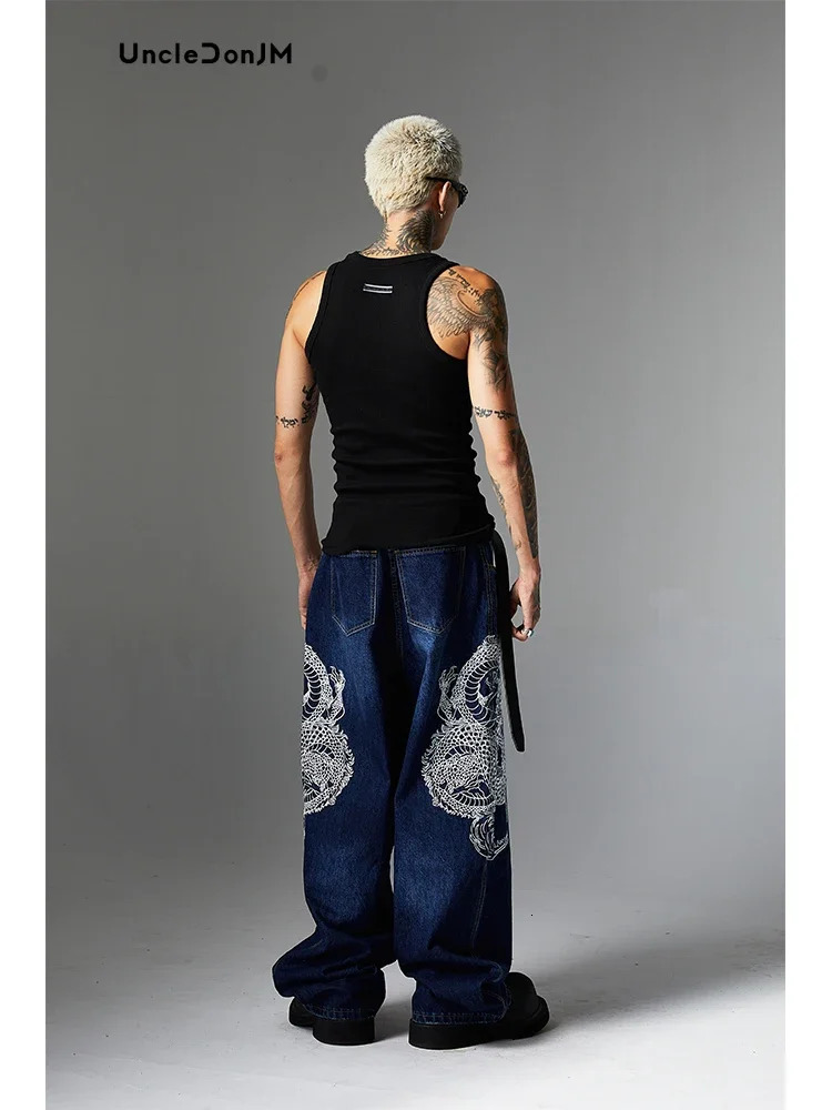 Embroidered Dragon Totem Jeans Hip Hop Baggy Jeans Streetwear Y2k Men's Jeans Loose Wide Leg Denim High Quality 240709