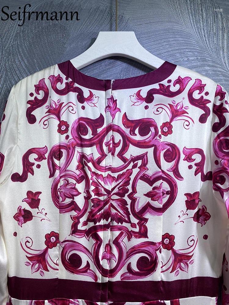 Casual Dresses Seifrmann High Quality Summer Women Fashion Designer Real Silk Dress Long Sleeve Red White Porcelain Printed Penci