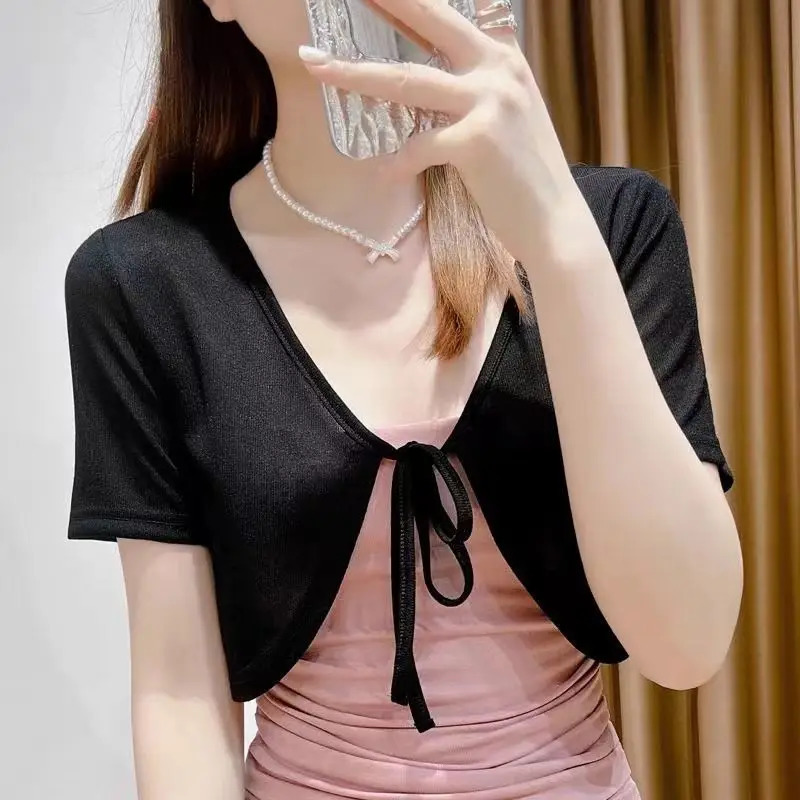 korean fashion Womens Open Front Bolero Shrug Short Sleeve Solid Color Cropped Cardigan Knit Shrug Summer Cover Up 240717