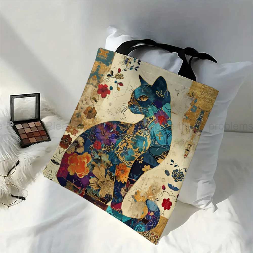 Floral Cat Pattern Tote Bag Aesthetic Canvas School Shoulder Bag Lightweight Grocery Shopping Bag Z240910