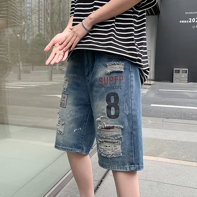 Men's denim shorts with holes, personalized Korean style slim fit mid length pants, summer thin cut, 5-point jeans