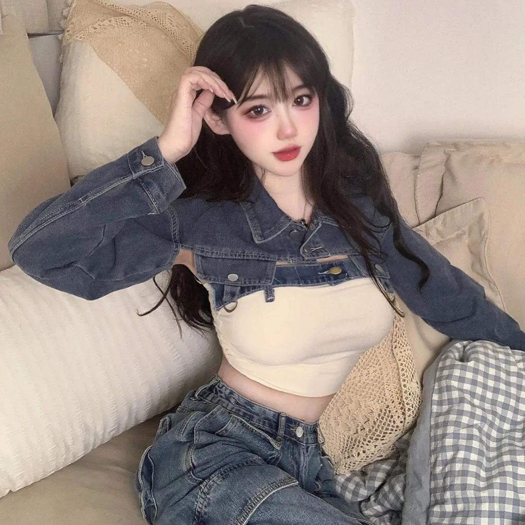 Summer Korean Chic Inner Short Tube Top Vintage Sweet Spicy Jeans Long Sleeve Short Coat Trendy Two Piece Set Women Outfits 240717