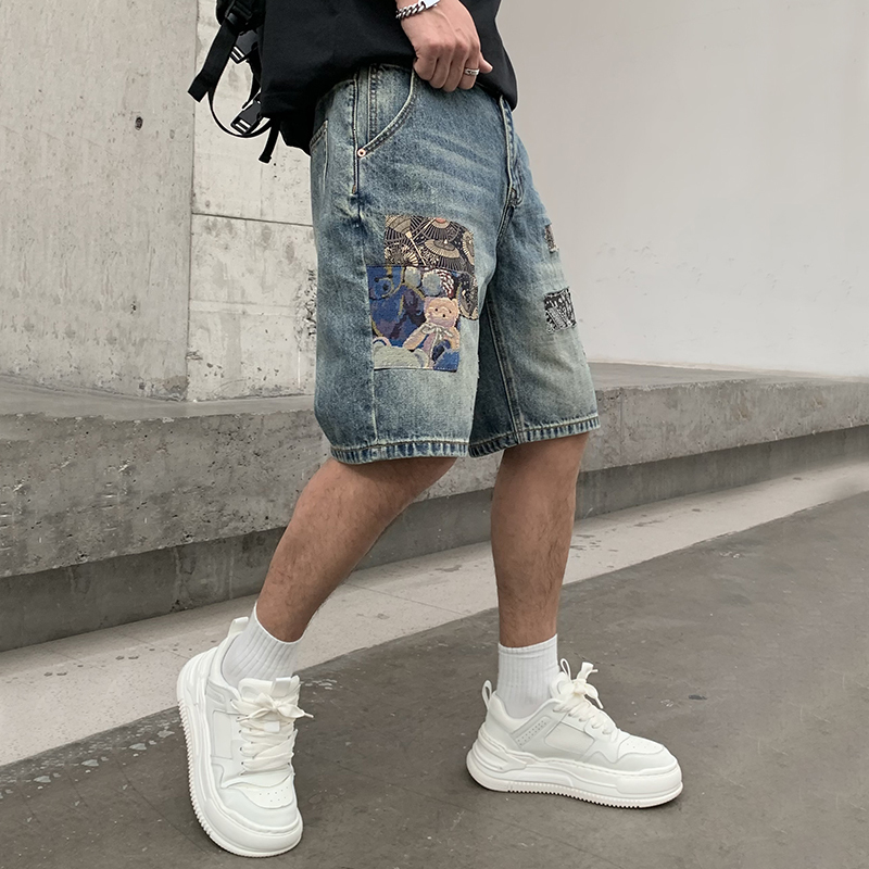 Trendy brand denim shorts with embroidered patches and patches, men's summer new style, personalized straight leg plus size five quarter pants