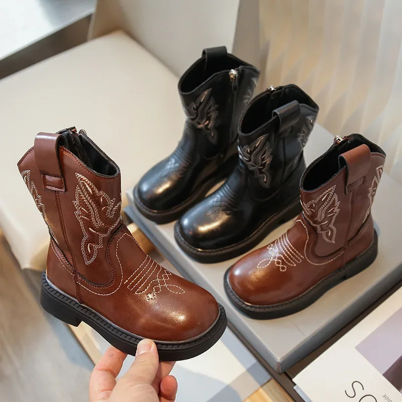 Embroidery Girls Cowboy Boots PU Leather Round Toe Zip Kids Mid Calf Short Shoes PU Leather Solid Children Fashion Boots 240710