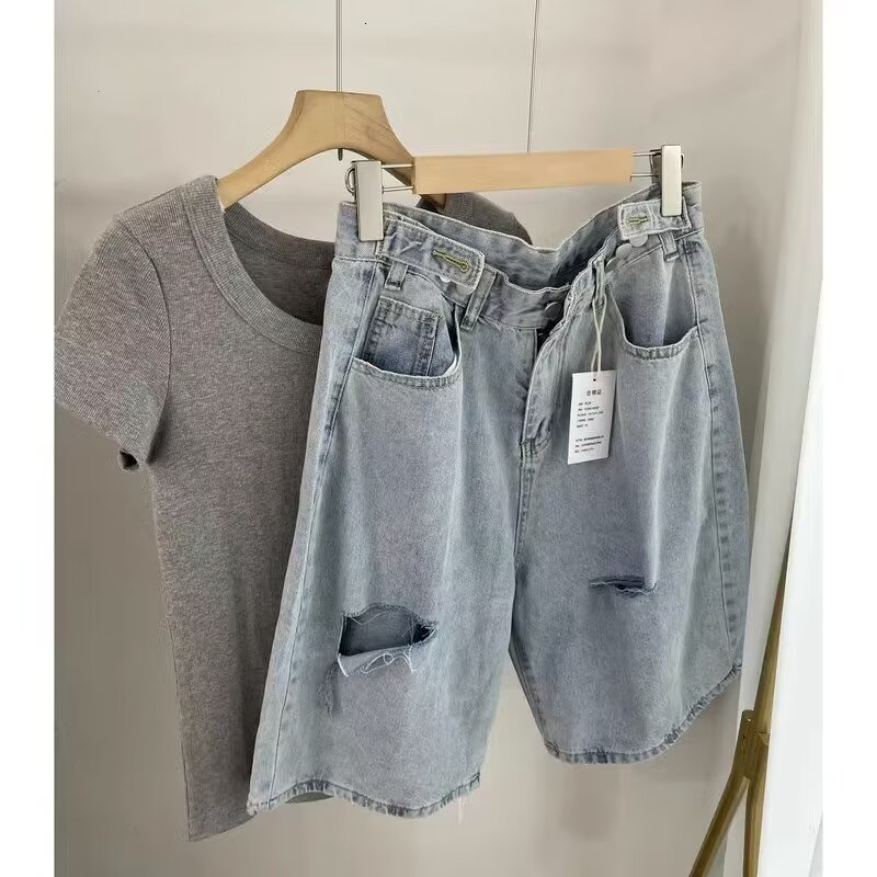 Summer thin denim shorts, Korean version, trendy holes, slim fit, casual fashion pants, men's five point horse pants