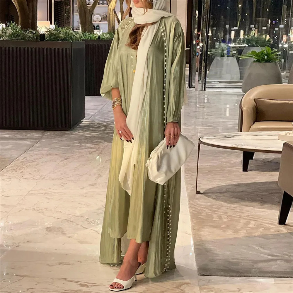Elegant Muslim Abaya 2 Pieces Matching Sets Beads Satin Women Hijab Dress Evening Gown Turkey Arab Islam Outfits Caftan Moroccan 240712
