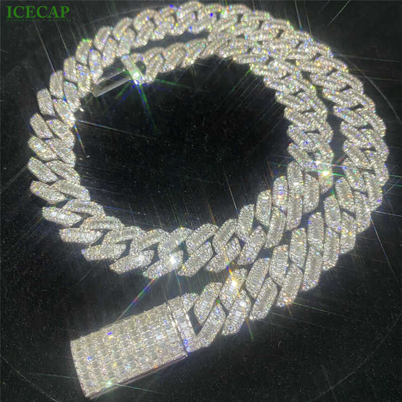 15Mm Fashion Hip Hop Jewelry Baguette Diamond Men Necklace Sterling Sier Fully VVS Moissanite Cuban Link Chain