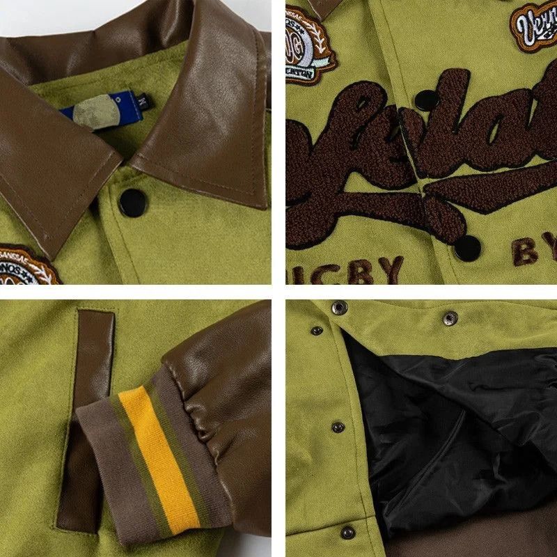 Retro Towel Embroidered Color Matching Leather Jacket Mens Loose Casual Women Autumn Winter Baseball Uniform Couple Jackets 240716