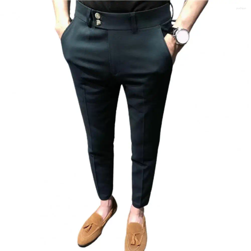 Men's Suits Chic Ninth Trousers Office Gentle Close-fitting Super Breathable Mid Waist Men Suit Pants