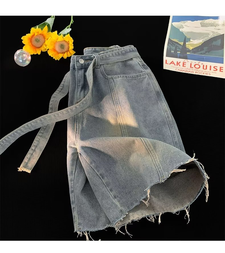 Denim shorts men's summer new style American washed distressed straight leg loose casual five inch mid length pants