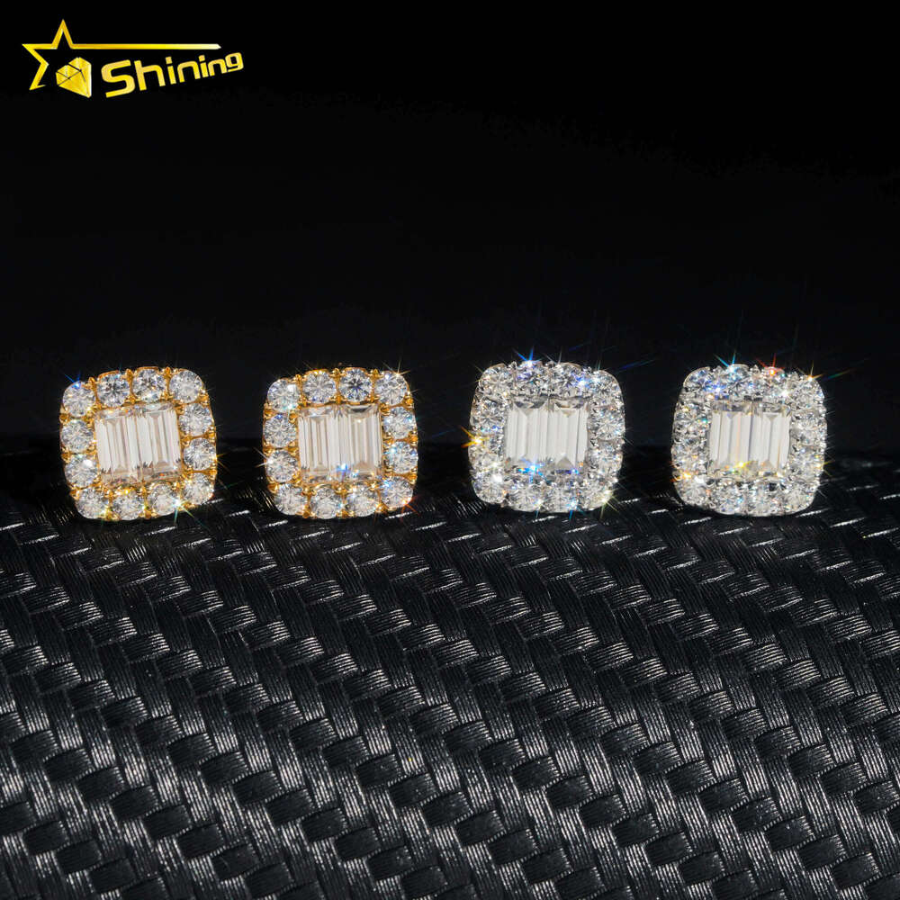 Trendy Vvs Moissanite Diamond Unisex Solid 10K Gold Baguette Cut Eat Studs Fine Jewelry Earrings