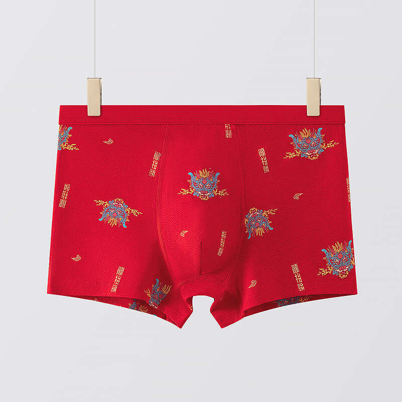Benmingnian Da Hong Pure Cotton Mid Waist Good Luck Underwear New Year Print U Convex Men's Flat Corner Pants Designer Underwear Men Boxer Design