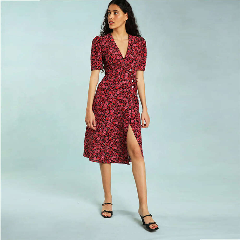 Summer New Style Printed V Neck Short Sleeved Tea Break Skirt Medium Long Waist Collection Dress French Women Denim Dress High Waist Dress BOHO DRESS 