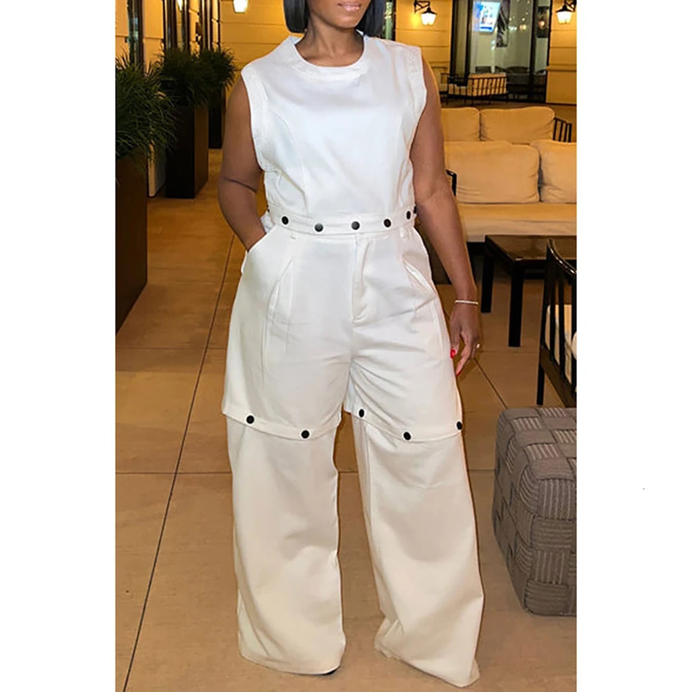 Plus Size Casual Pant Set White Round Neck Detachable Two Piece Pant Set With Pocket 240709