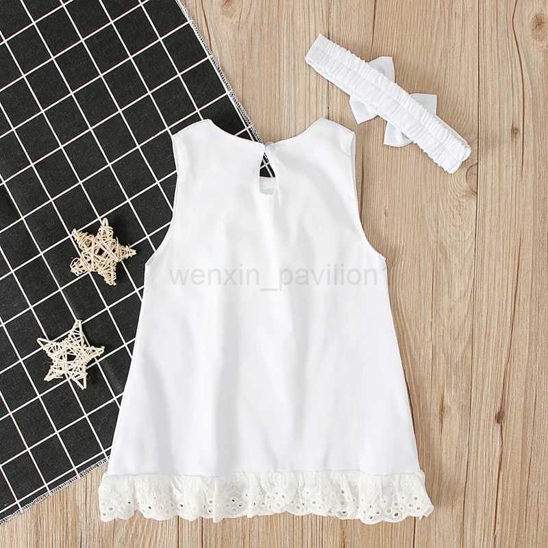 2024 Baby Summer Clothing 0-24M Infant Newborn Baby Girl Lace Dress Sleeveless Bowknot Rib Solid White Shift Gown HeadbandXJ240720