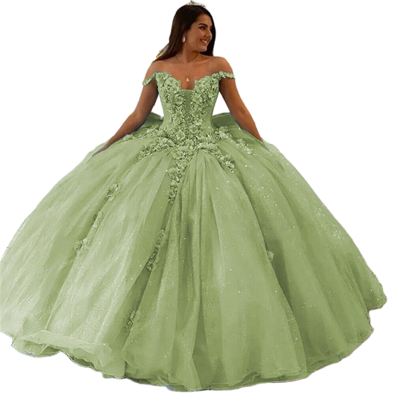 Princess Sage Ball Gown Quinceanera Dresses With 3D Floral Appliques Off Shoulder Floor Length Tulle Birthday Prom Dress Big Bow Back Sweet 16 Gowns