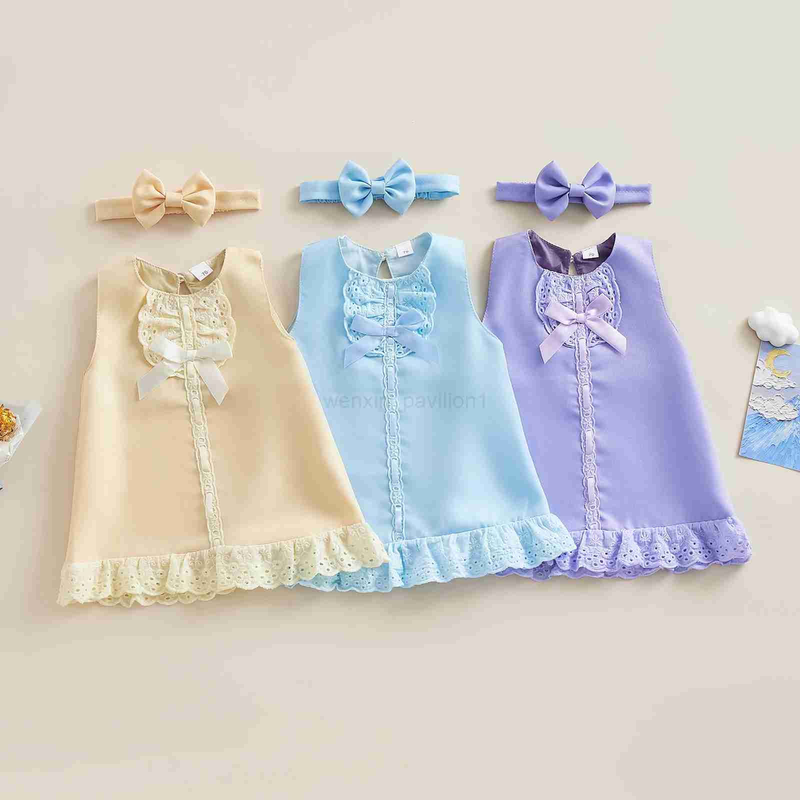 2024 Baby Summer Clothing 0-24M Infant Newborn Baby Girl Lace Dress Sleeveless Bowknot Rib Solid White Shift Gown HeadbandXJ240720