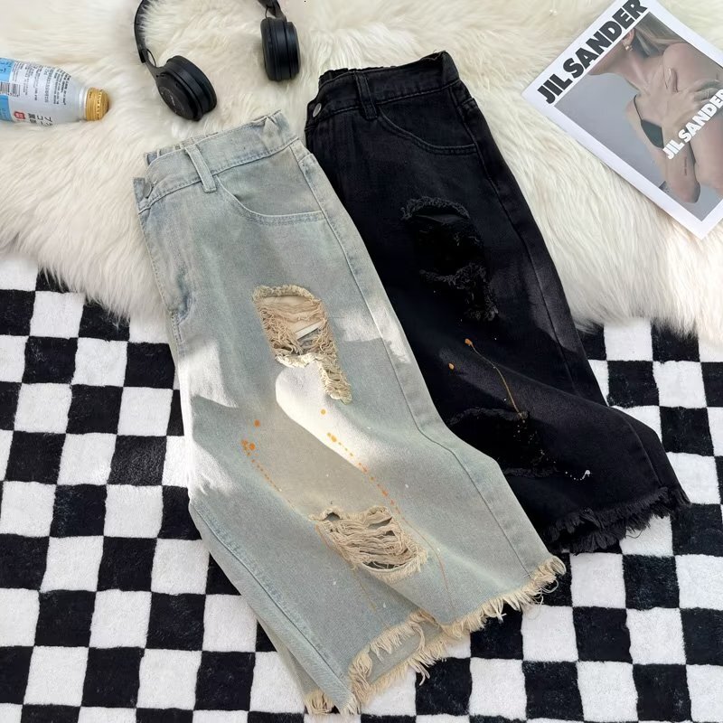 Hairy ripped denim shorts, men's American ins, summer washed and worn pants, straight leg trendy brand high street five quarter pants