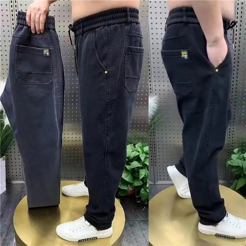 Harajuku Stretch Korea Streetwear Loose Solid Denim Jeans Elastic Waist for Men Spring Summer plus size 7XL 8XL Casual Pants 240715