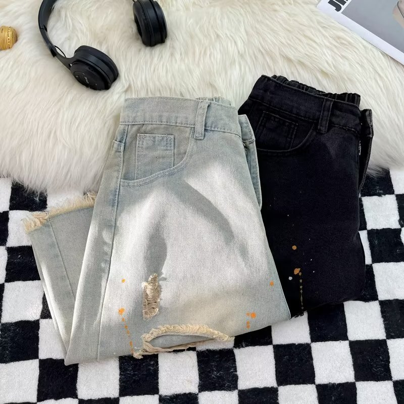 Hairy ripped denim shorts, men's American ins, summer washed and worn pants, straight leg trendy brand high street five quarter pants