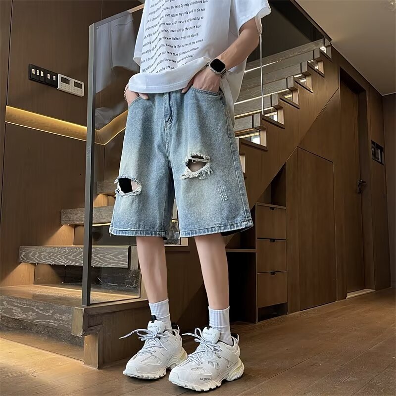 Men's denim shorts, men's summer style, American high waisted outer straight leg pants, cool and casual five quarter pants