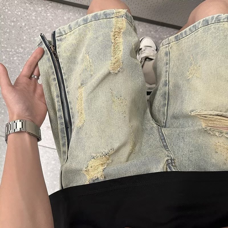 Yellow mud dyed distressed denim shorts, men's side zipper, summer American high street sports and leisure five part pants