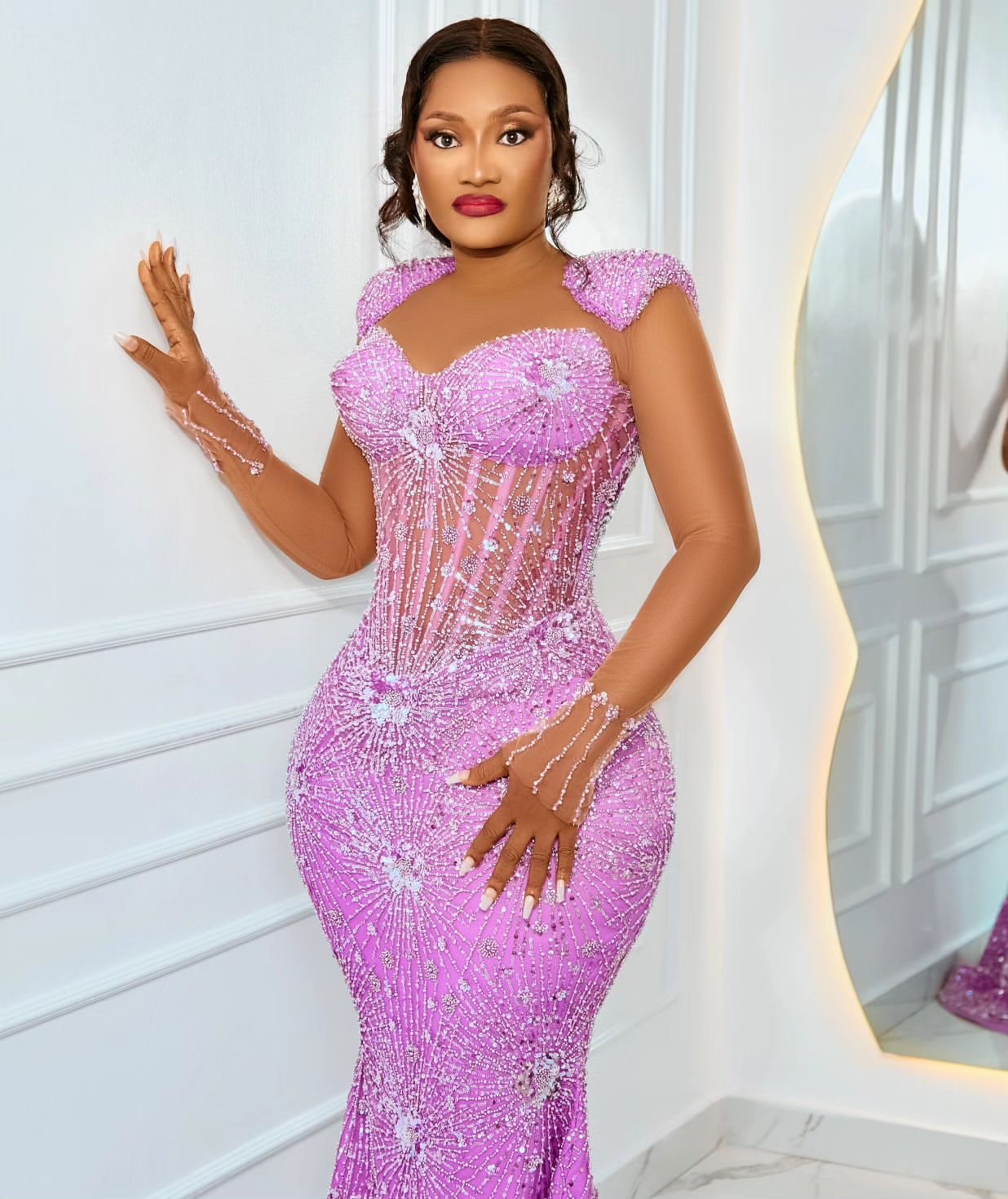 2024 Plus Size Lilac Mermaid Prom Dress Fulllace Promdress Beaded Full Sleeves Evening Formal Party Second Reception Birthday Engagement Gowns Dresses
