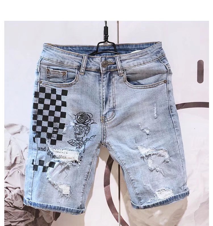 Summer men's slim fit denim 5/5 shorts trendy brand INS Korean version rose checkered ripped washed mid length pants