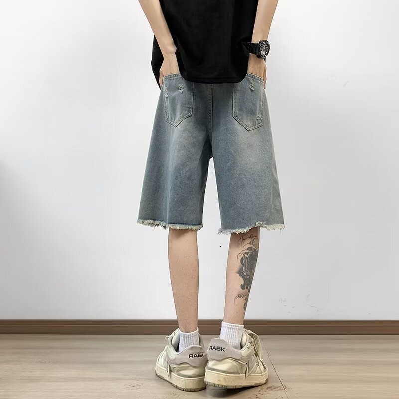 Ragged and perforated denim shorts, men's summer thin casual beggar pants, high street fashion trendy brand loose five part pants