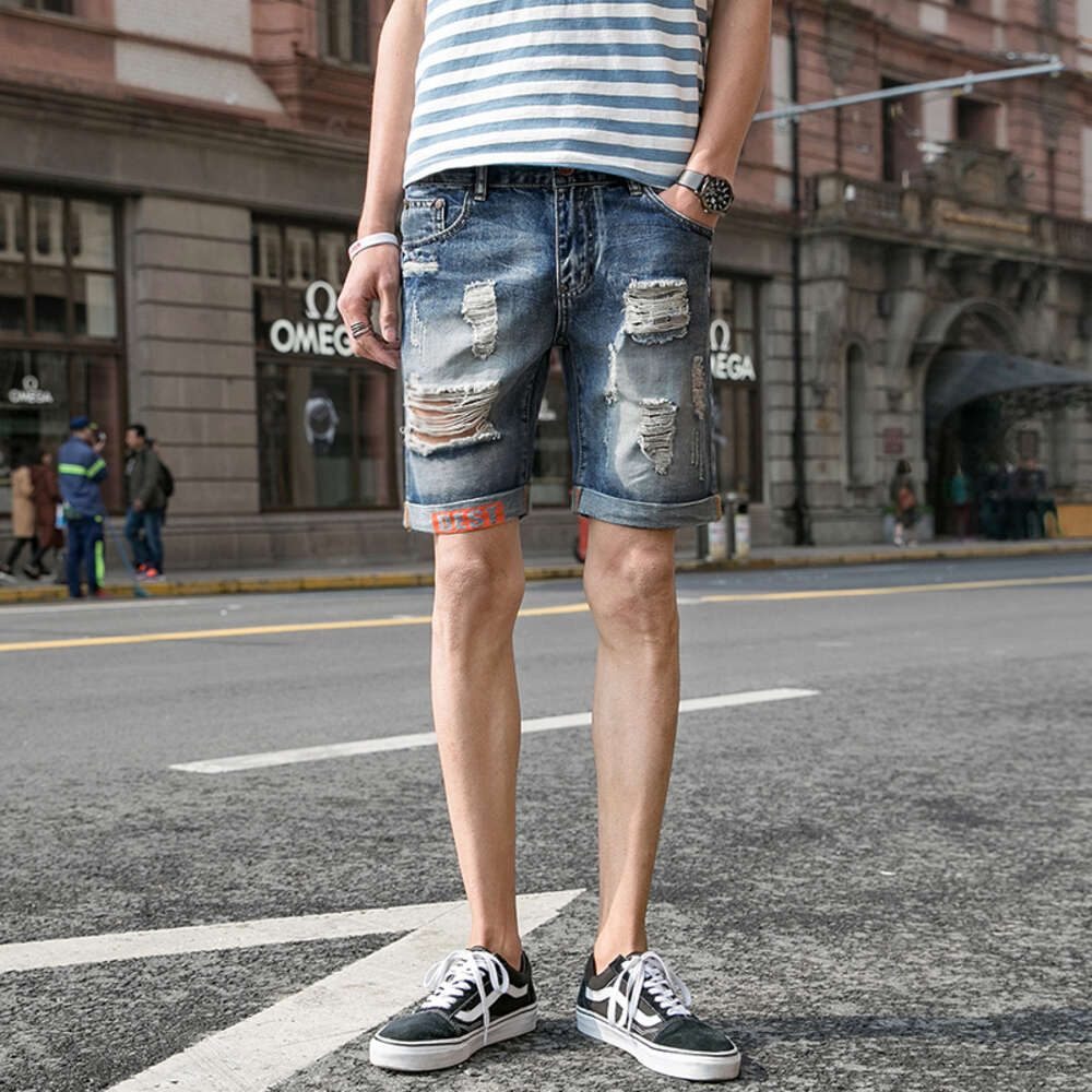 Summer thin ripped shorts trendy five quarter men's denim horse loose casual mid pants men