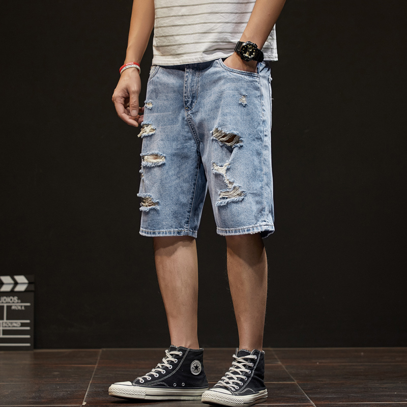 Denim shorts, ripped thin style, loose casual five quarter pants, Korean version, trendy brand, men's summer pants