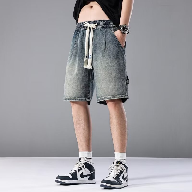 American denim summer trendy brand, ruffian and handsome shorts, men's loose fitting workwear, 5/4 pants