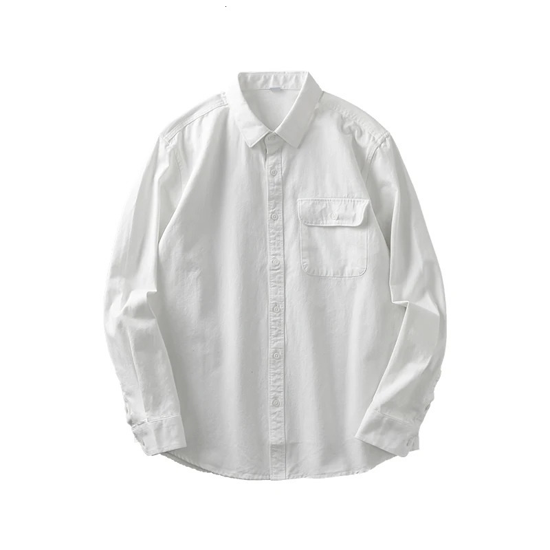 Dukeen Shirts for Men Spring and Autumn Pockets Cotton Solid Color White Plain Shirt Long-Sleeved Tops Mens Clothing 240715