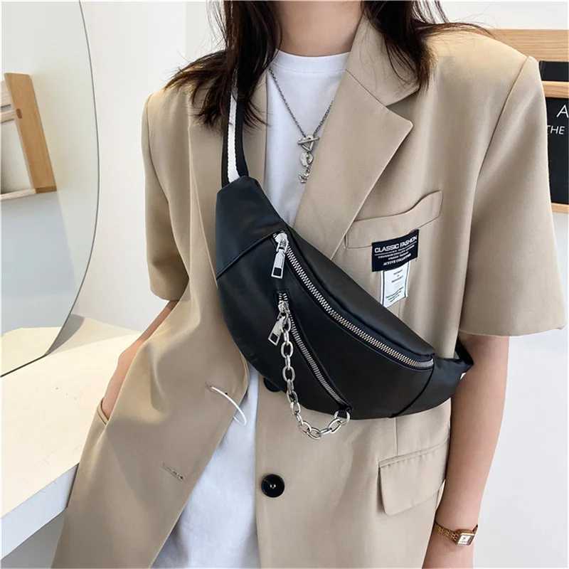 Women Shoulder Bag Street Solid Chest Bag Striped Strap Chain Zipper Waist Bags New In Bag For Women XJ240720