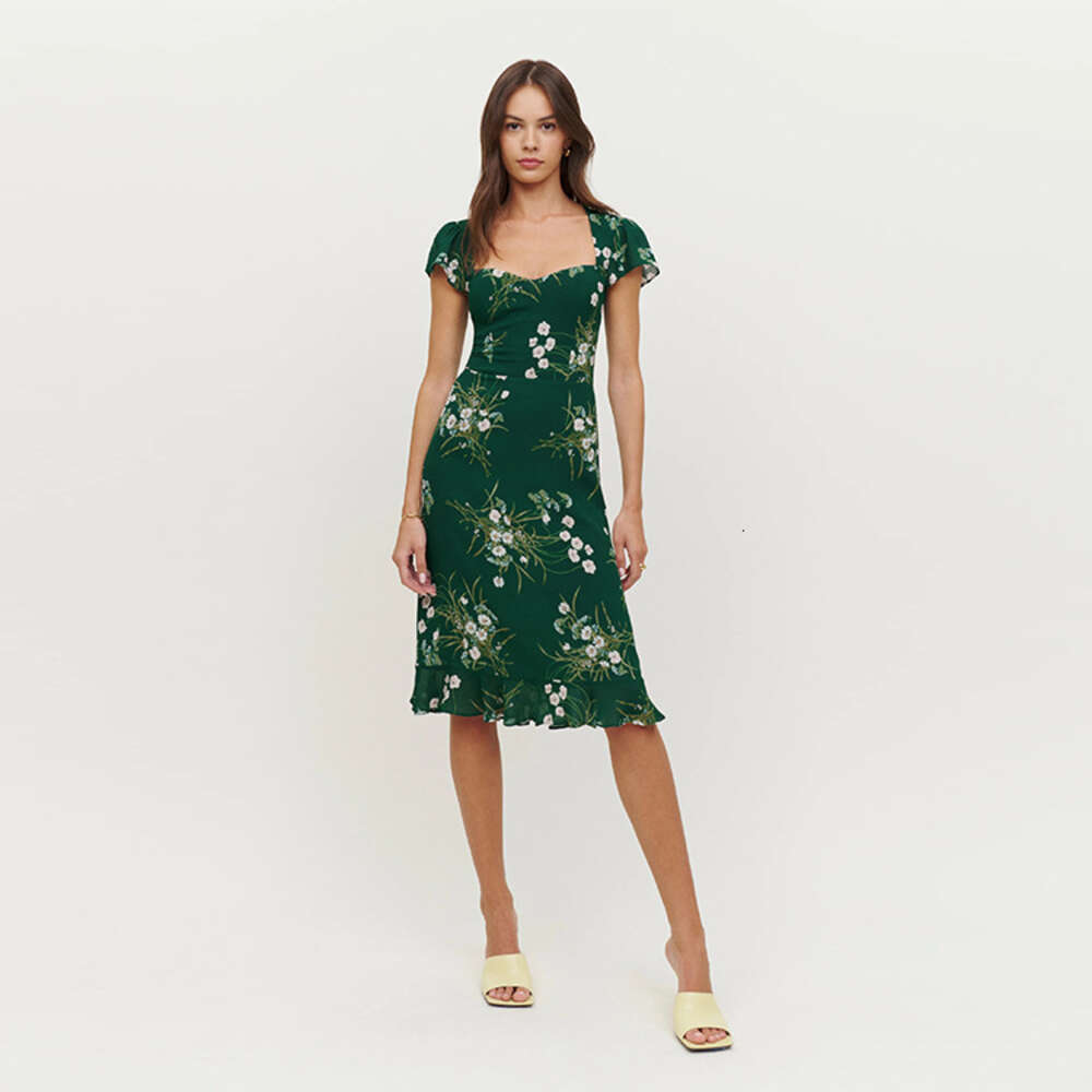 Summer New Sexy Square Neck Medium Long Slim Fit Floral Dress French Women S Wear Waist Self Cultivation Novelty BOHO DRESS Pregnant Women S Dress SKI