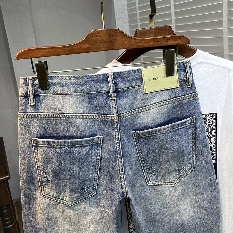 High end summer shorts for men, trendy ripped straight leg denim five quarter pants, 2024 new men's mid length pants