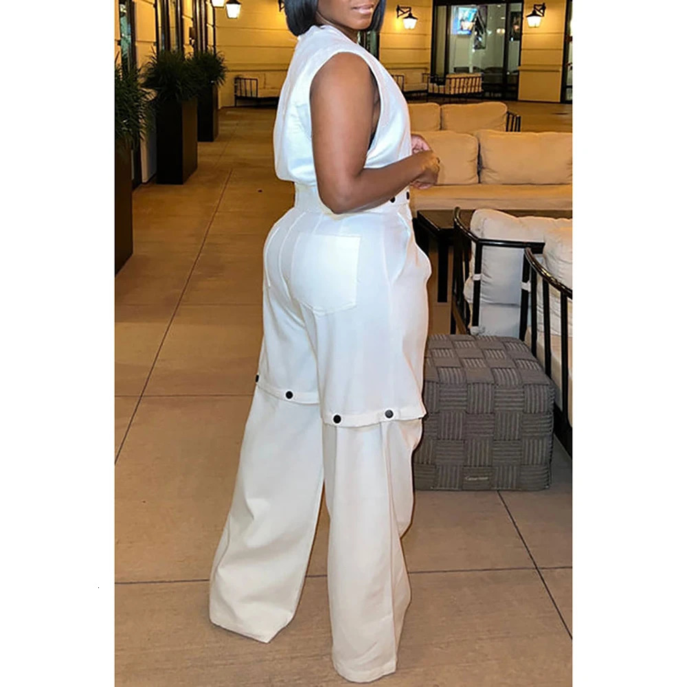 Plus Size Casual Pant Set White Round Neck Detachable Two Piece Pant Set With Pocket 240709