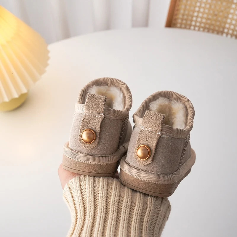 Kids Genuine Cowhide Snow Boots Winter Baby Soft Warm Cotton Shoes With Plush Boys Girls One Fur Suede Boots Princess Retro Boot 240710