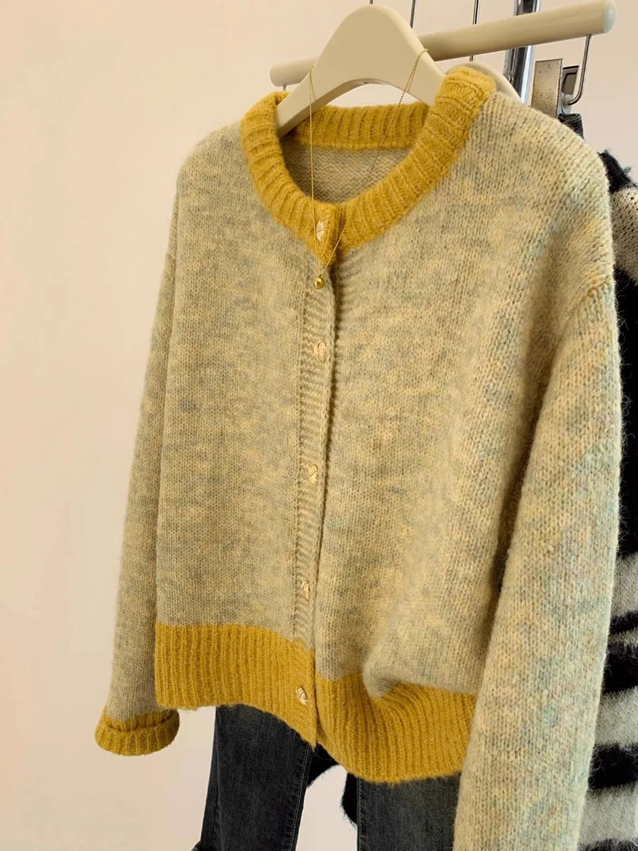 Single Breasted Pink Short Sweater Coat For Women Autumn Winter Lazy Small Knitted Cardigan Female O-Neck Splicing Color Top 240717