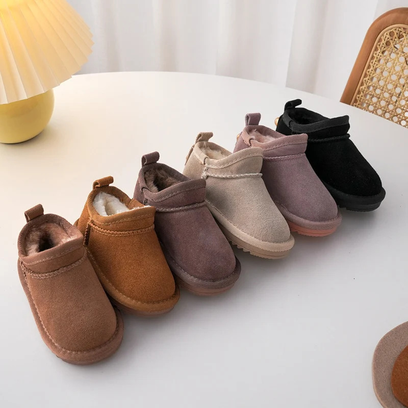 Kids Genuine Cowhide Snow Boots Winter Baby Soft Warm Cotton Shoes With Plush Boys Girls One Fur Suede Boots Princess Retro Boot 240710